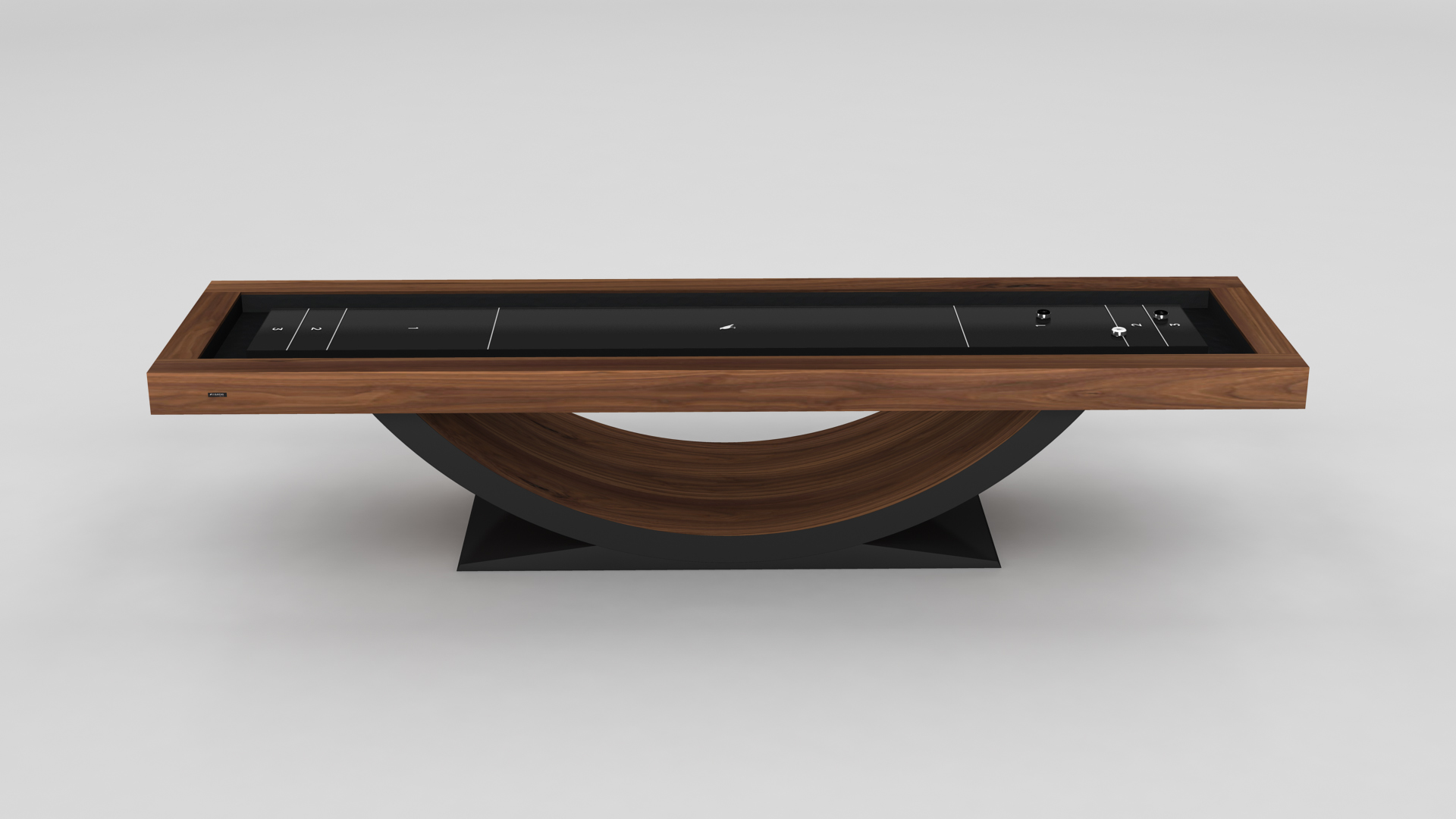 A modern coffee table with a rectangular wooden top, black glass surface, and curved wood base on a black platform; its sleek, contemporary look echoes the refined style of the Theseus Shuffleboard Table.