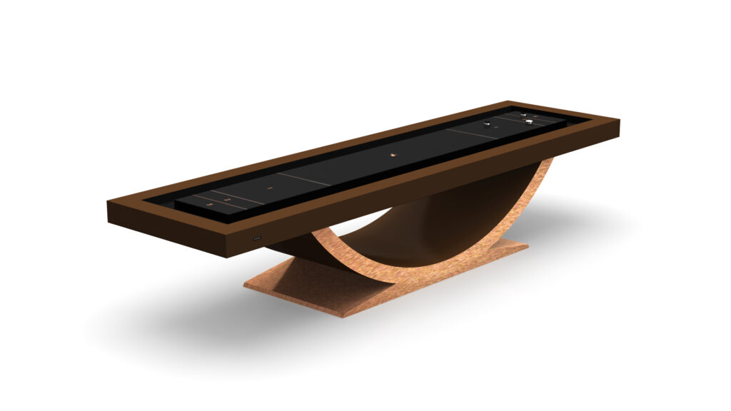 The Theseus Shuffleboard Table showcases a modern rectangular design with a dark brown playing surface, curved wooden base, and flat foot, all set against a white background.