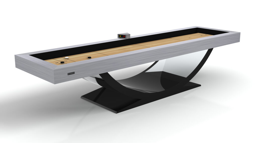 The Theseus Shuffleboard Table showcases a light wood playing surface, black frame, digital scoreboard, and a distinctive curved base, making it an elegant centerpiece against a white background.