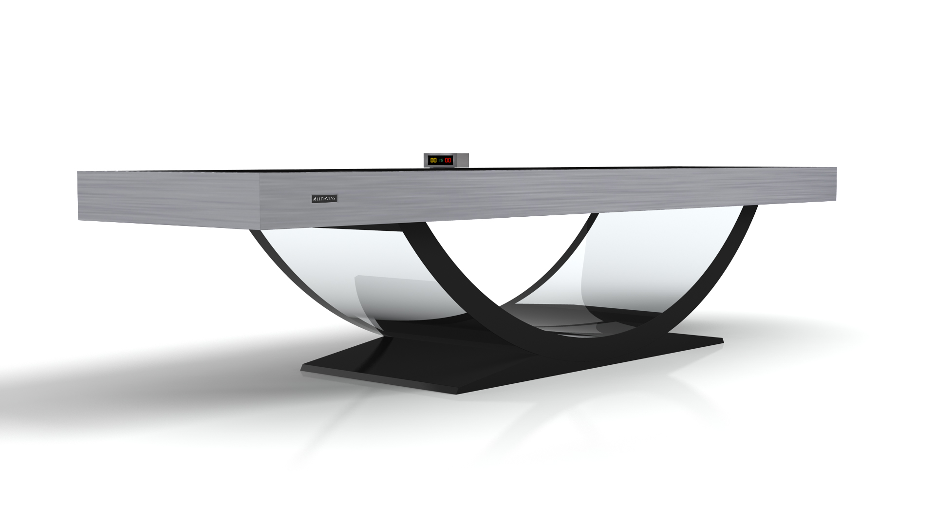 The Theseus Shuffleboard Table features a modern design with a sleek silver top, digital scoreboard, and unique curved black base supported by transparent panels, inspired by luxury minimalist style and set against a white background.