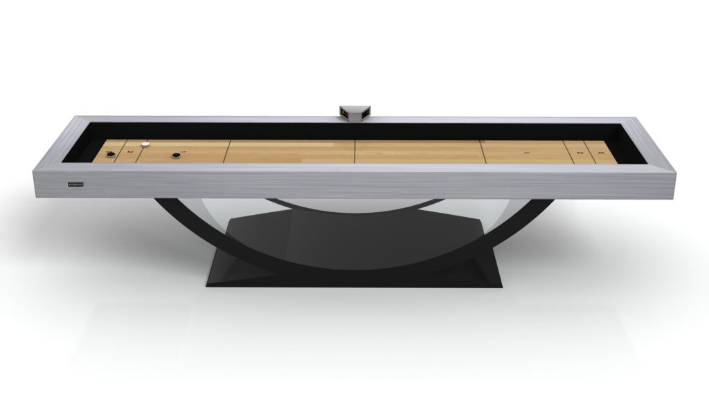 The Theseus Shuffleboard Table features a stylish wooden playing surface, gray frame, and curved black base for a modern, elegant look against a plain white background.