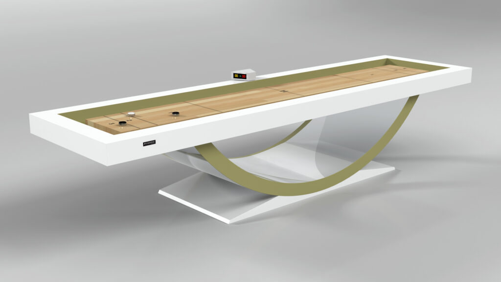 The Theseus Shuffleboard Table features a modern white rectangular frame, light wood playing surface, curved gold support, and electronic scoreboard, showcased against a plain gray background.