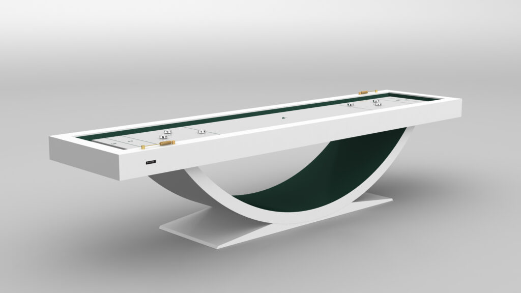 The Theseus Shuffleboard Table is a modern, rectangular table with a white frame and a green curved base, minimalist in design, shown against a plain light gray background.