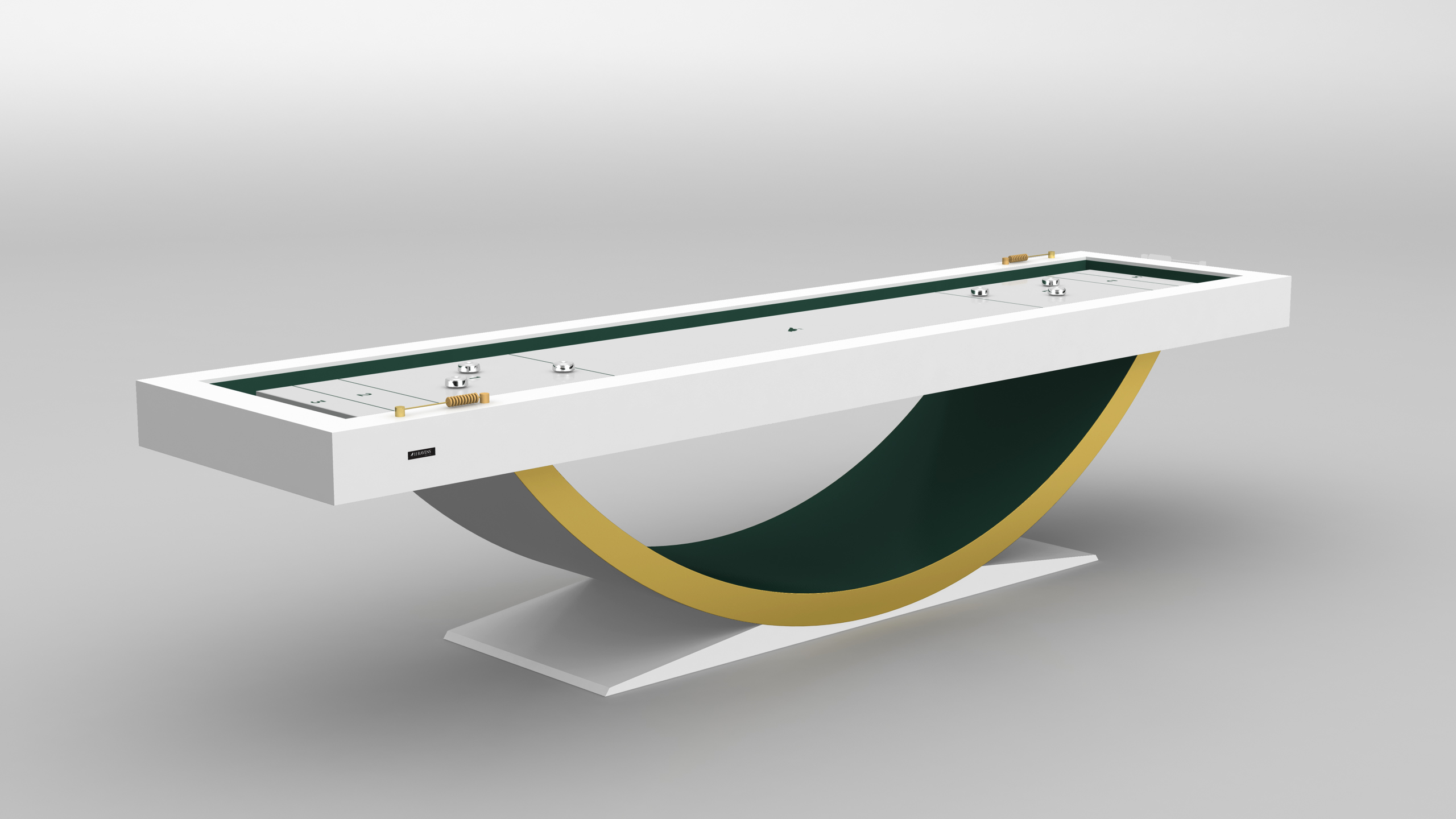 The Theseus Shuffleboard Table features a modern, minimalist design with a white surface and a stylish green and gold curved base, set against a plain light background.