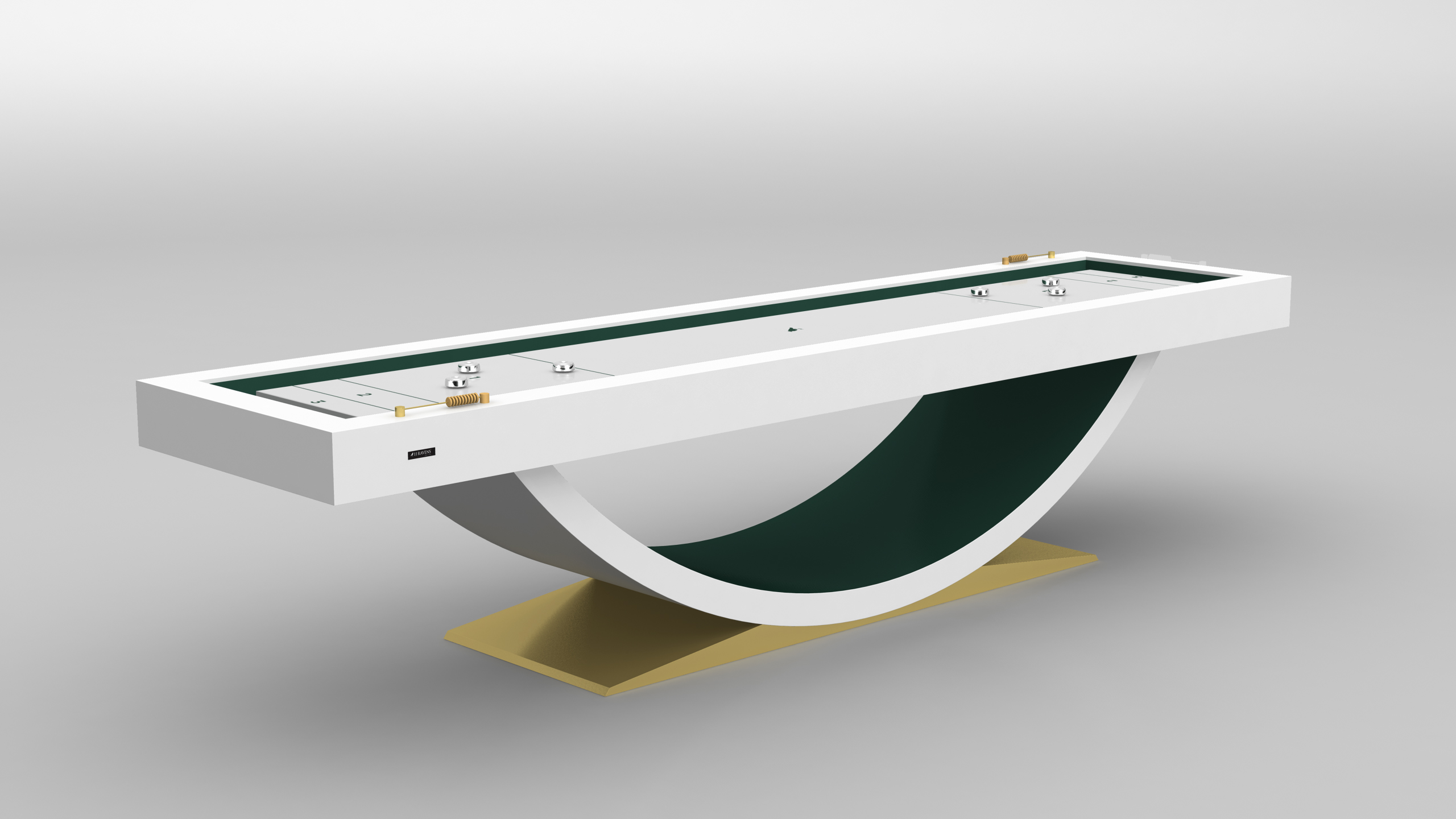 The Theseus Shuffleboard Table boasts a long white top, curved green base, flat gold platform, metallic fixtures on the surface, and a handy USB port on the side for modern convenience.