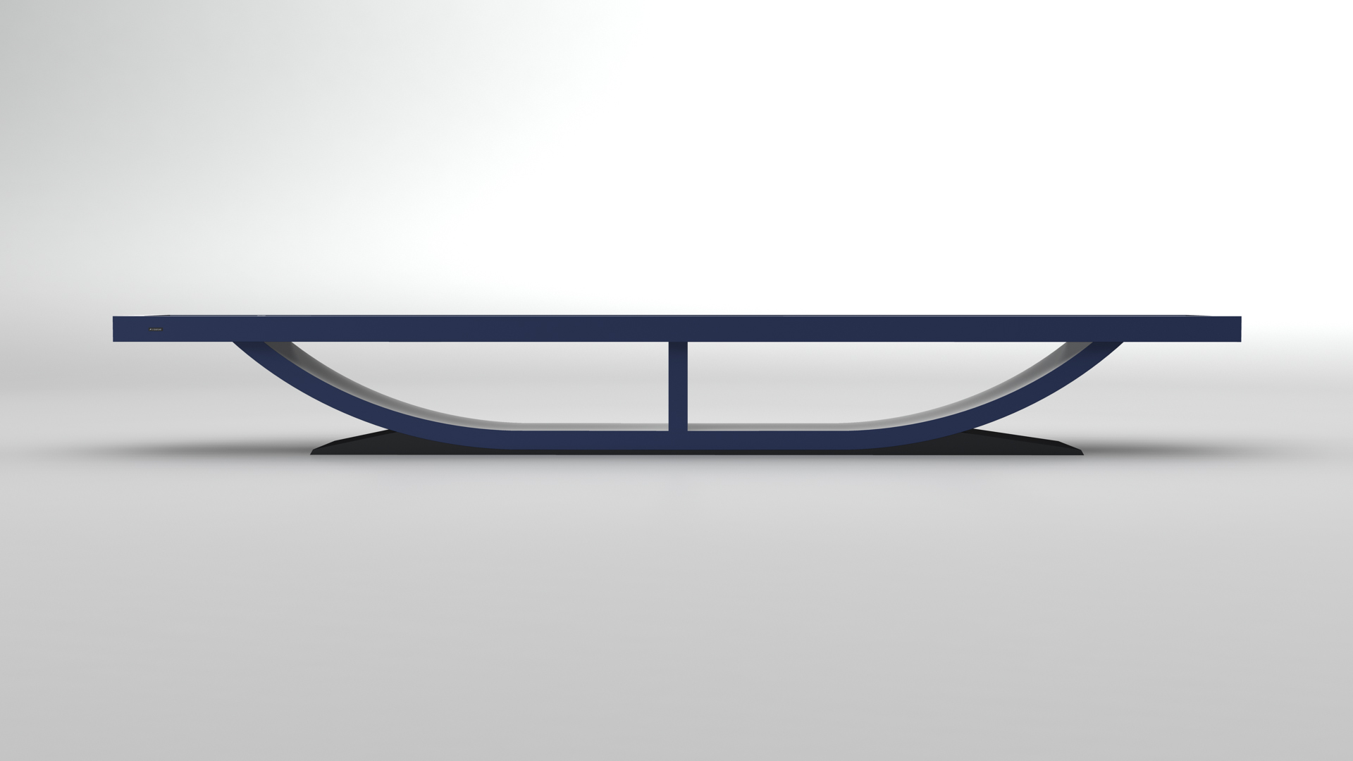 The Theseus Shuffleboard Table is a modern, rectangular blue table featuring a unique U-shaped base and flat top, displayed against a plain white background.