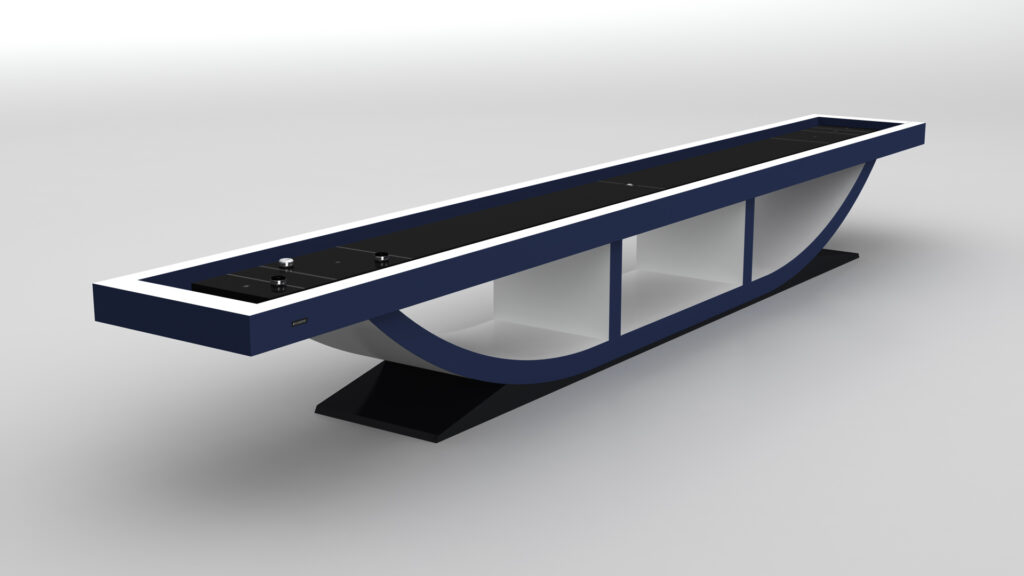The Theseus Shuffleboard Table features a modern, long rectangular shape with a sleek black and white design and a curved base, showcased against a plain white background.