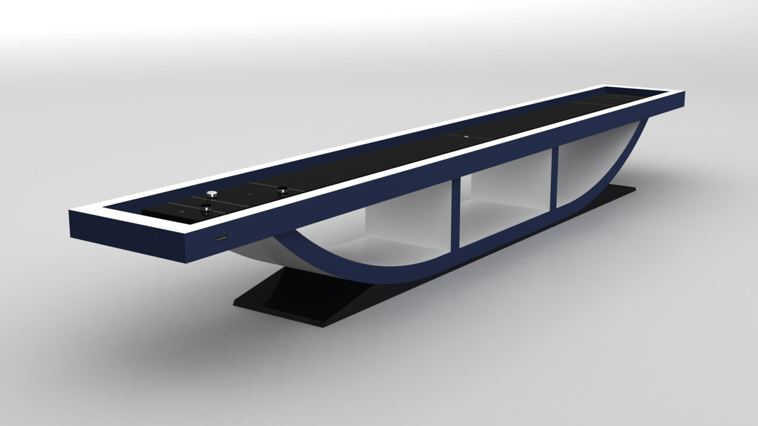The Theseus Shuffleboard Table features a modern, long rectangular shape with a sleek black and white design and a curved base, showcased against a plain white background.