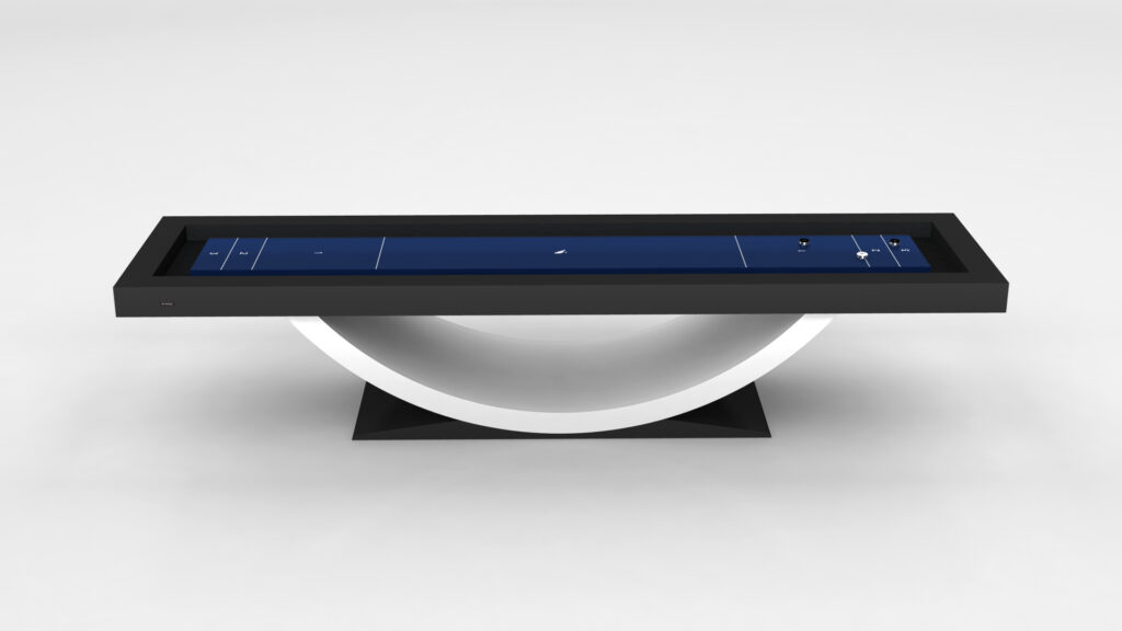 The Theseus Shuffleboard Table boasts a sleek black frame, blue playing surface, and curved white base for a modern look against a white background.