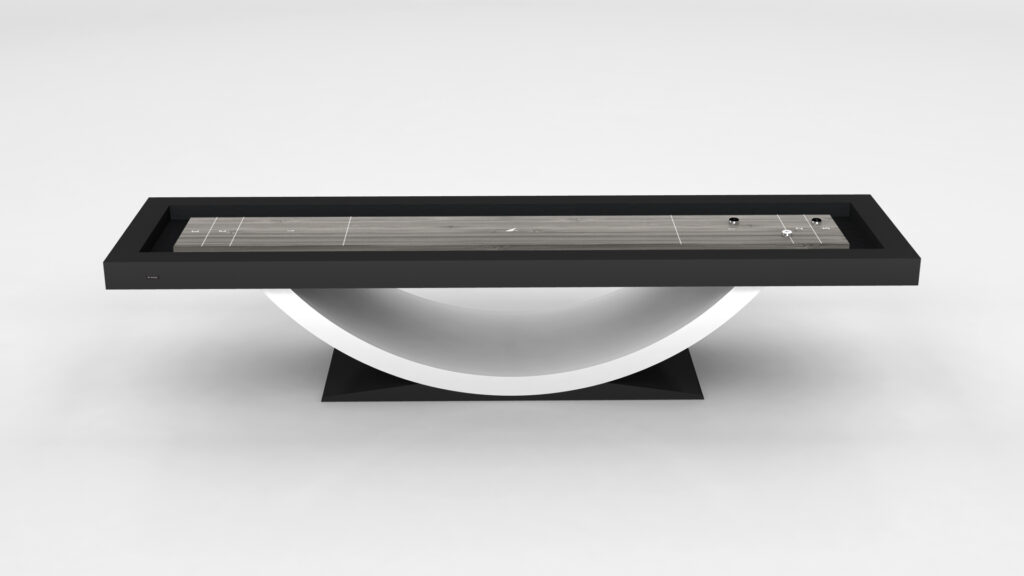The Theseus Shuffleboard Table features a sleek black frame, wood playing surface, and a unique curved white base, bringing modern elegance to any space.