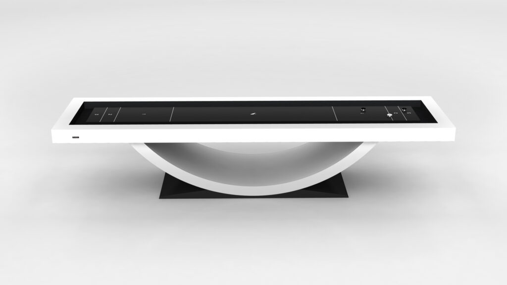 The Theseus Shuffleboard Table features a modern rectangular design with a glossy black surface, white frame, and a distinctive curved base on a black stand, shown against a plain light background.