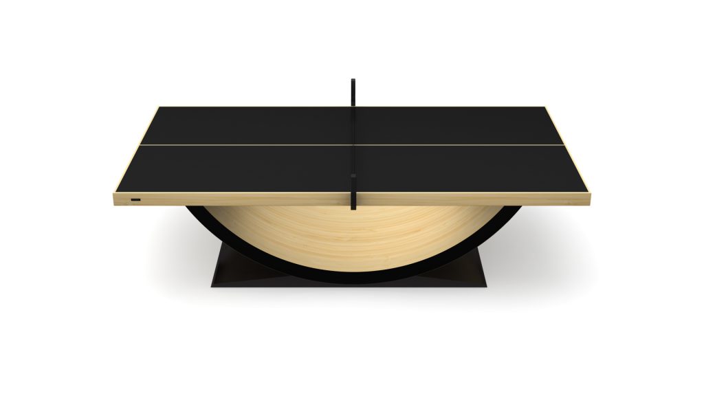 The Theseus Ping Pong Table showcases a stylish black top with a distinct wooden base shaped into a semi-circle, resting on an elegant black pedestal, seamlessly merging contemporary and natural elements for the ultimate in sophisticated recreation.