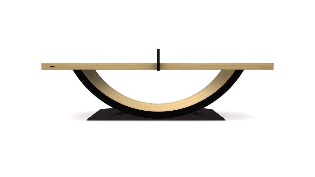 The Theseus Ping Pong Table boasts a luxurious modern design with a flat wooden top and a unique curved base in contrasting light and dark tones, elegantly mounted on a rectangular black platform.