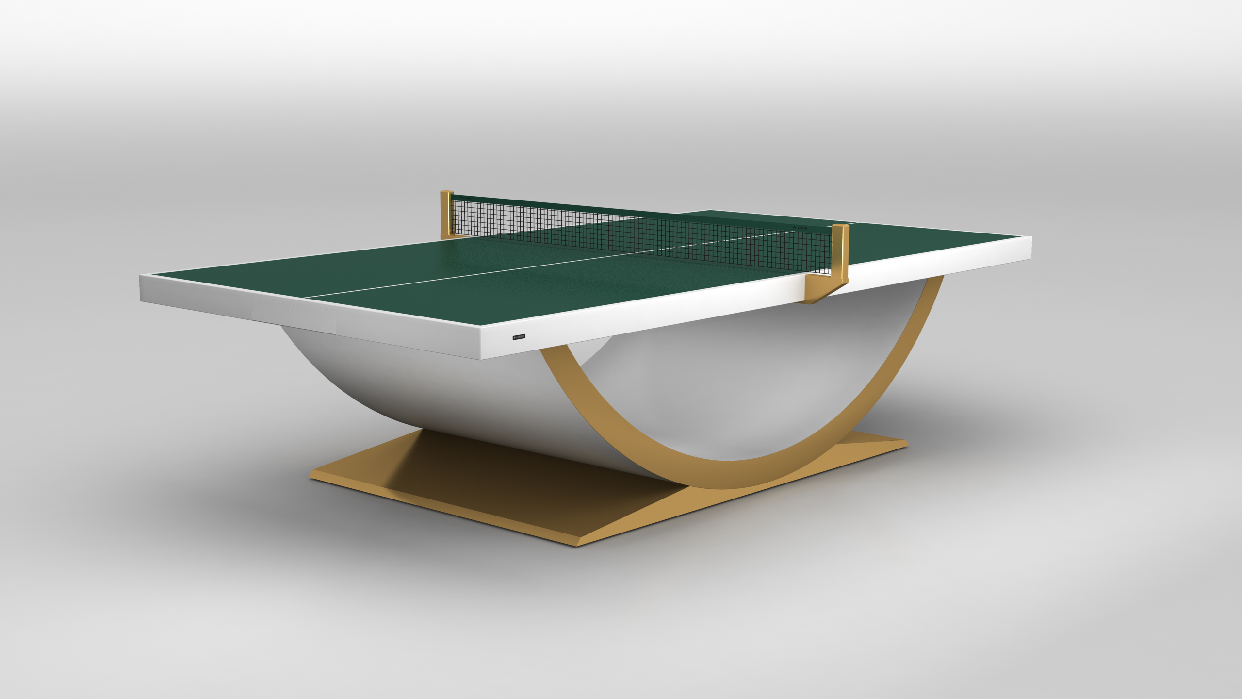 The Theseus Ping Pong Table features a sleek, curved gold and white base with a green surface, net, and minimalist contemporary design, set against a plain gray background.