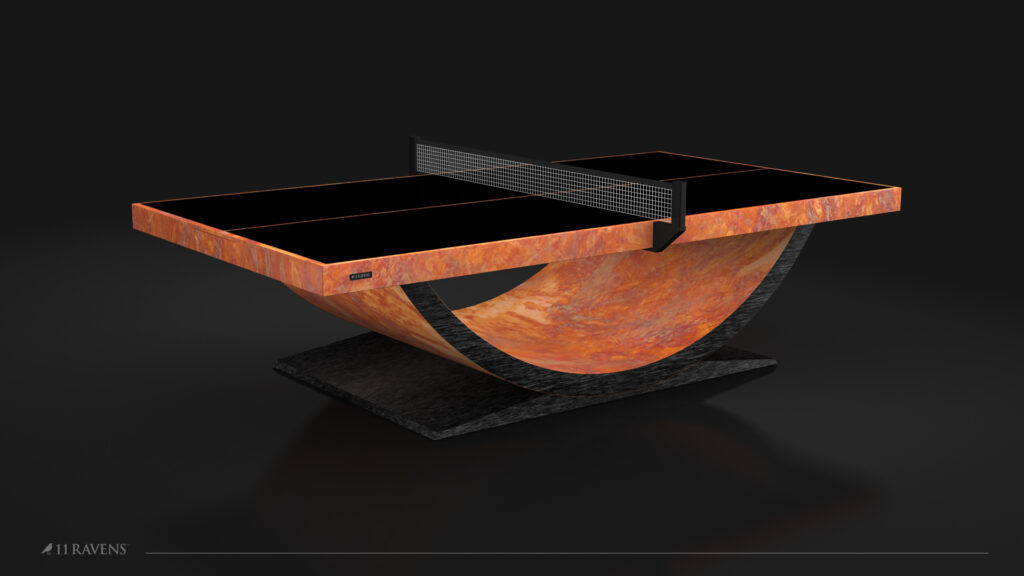 The Theseus Ping Pong Table is a modern, luxury table with a glossy black surface, reddish-brown marble edges, a dramatic curved base, and sleek black net, shown against a dark background.