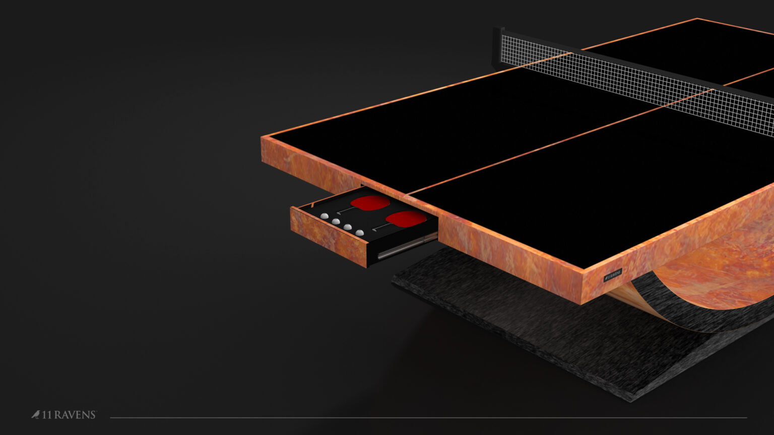 The Theseus Ping Pong Table features a modern black surface, orange-marble sides, and a pull-out drawer for paddles and balls, all set against a dark backdrop.