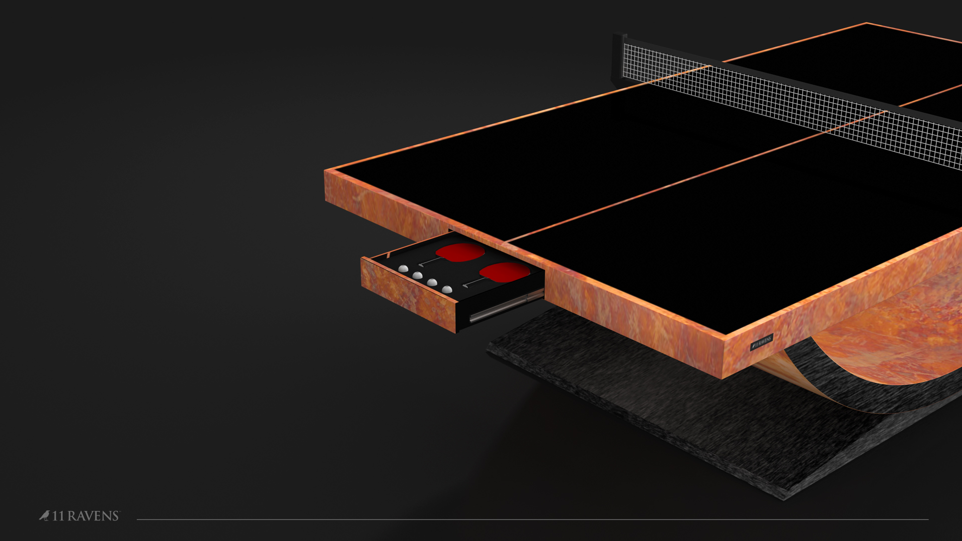 The Theseus Ping Pong Table features a modern black surface, orange-marble sides, and a pull-out drawer for paddles and balls, all set against a dark backdrop.