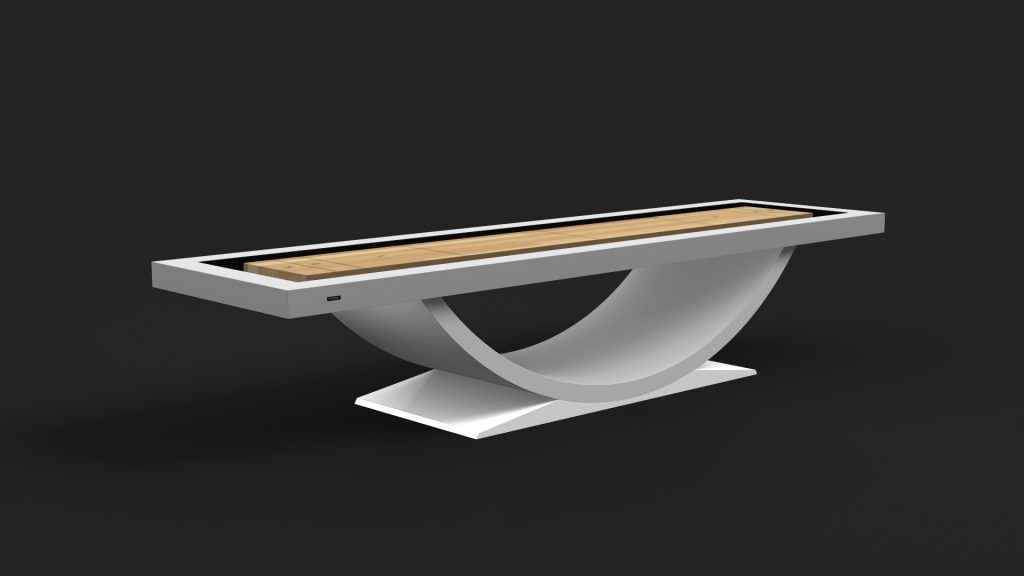 The Theseus Shuffleboard Table has a modern, curved base and a light wood playing surface, creating a striking contrast with its plain dark background.