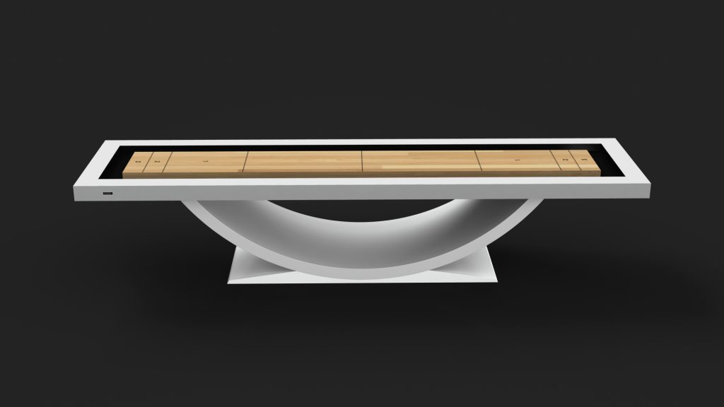 The Theseus Shuffleboard Table features a modern design with a light wood playing surface in a white rectangular frame. Its distinctive curved base adds elegance against a dark backdrop, combining sophistication and style.
