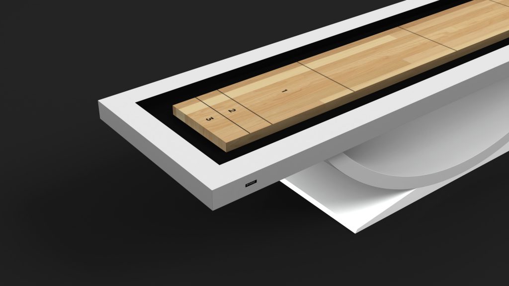 The Theseus Shuffleboard Table boasts a modern design with a light wood surface, white geometric base against a dark backdrop, and clearly marked scoring zones for precision.