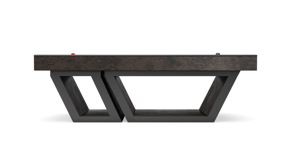 The Titan Air Hockey Table is a modern, rectangular black table featuring a unique geometric base with tilted rectangles and a textured dark-toned tabletop, adding contemporary sophistication and flair to any room.