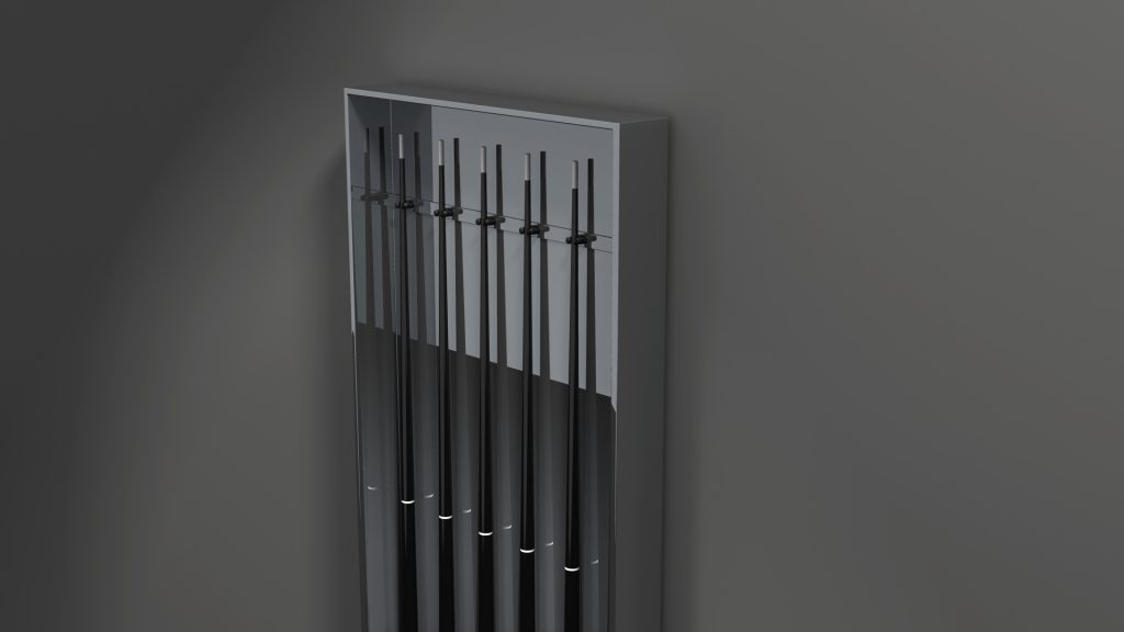 A modern, sleek black radiator with vertical panels is mounted on a gray wall. Its design mirrors the elegance of a Titan Cue Rack, featuring evenly spaced vertical bars for a minimalist and contemporary look.