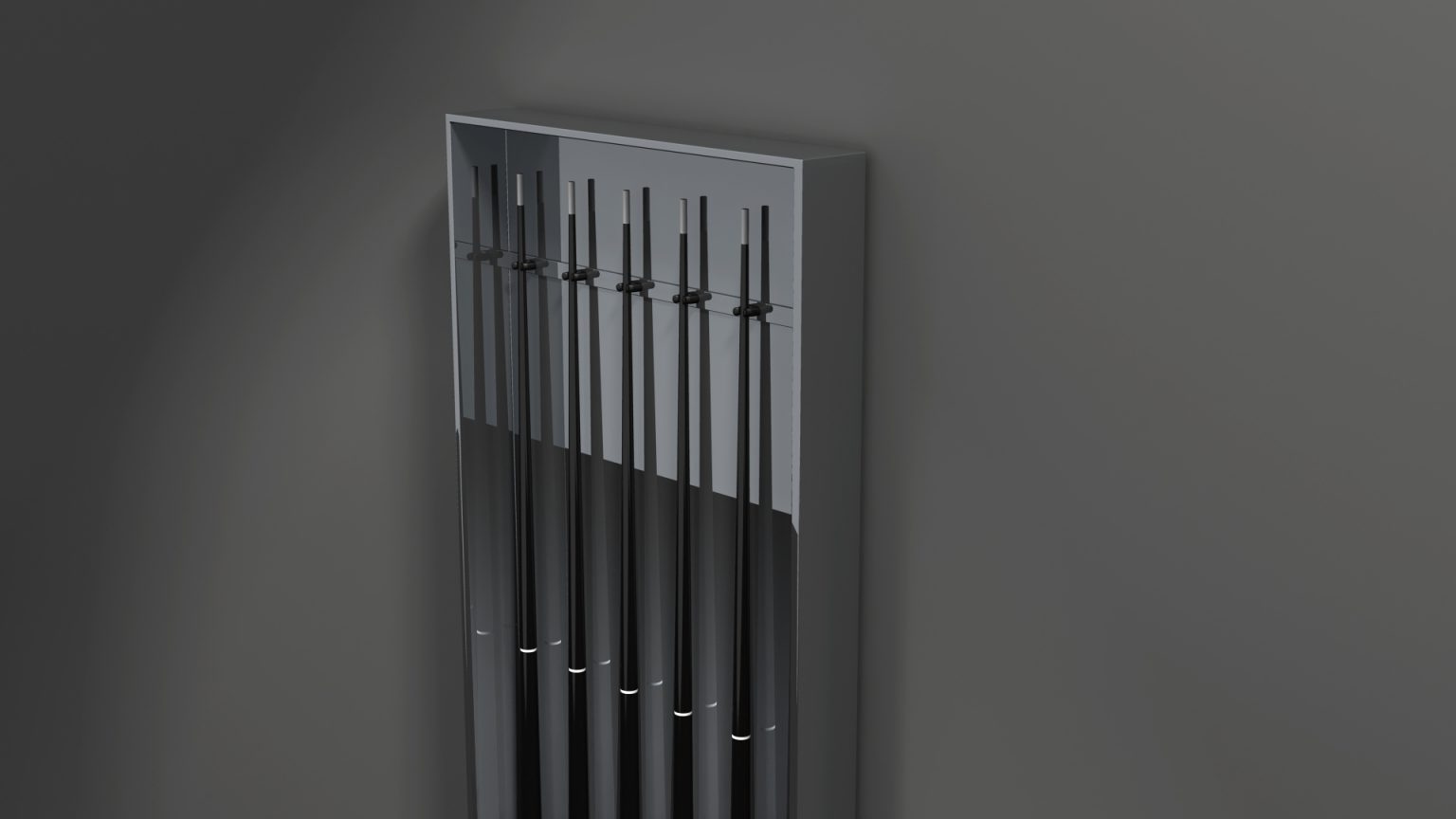A modern, sleek black radiator with vertical panels is mounted on a gray wall. Its design mirrors the elegance of a Titan Cue Rack, featuring evenly spaced vertical bars for a minimalist and contemporary look.