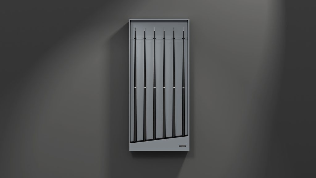 A sleek, modern radiator with vertical slats is mounted on a dark gray wall, casting a subtle shadow. Similar to the Titan Cue Rack, it features a minimalist design with clean lines and a metallic finish.