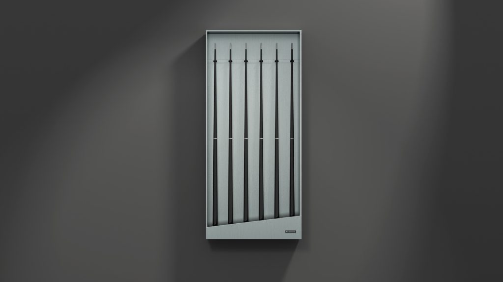 A minimalist wall-mounted Titan Cue Rack features vertical slits and a subtle geometric design, casting a soft shadow on a dark background.