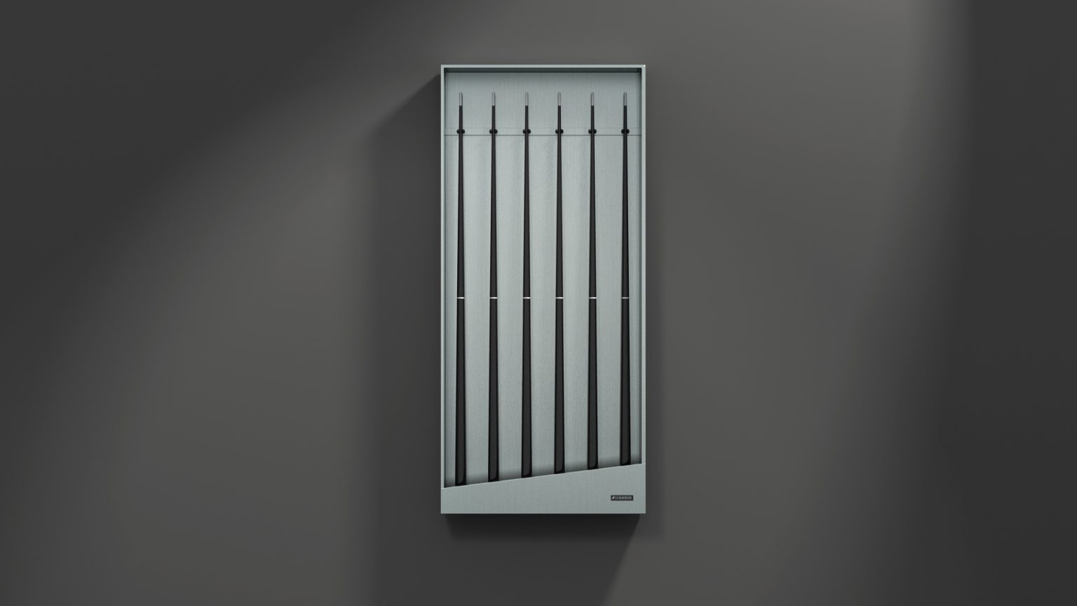 A minimalist wall-mounted Titan Cue Rack features vertical slits and a subtle geometric design, casting a soft shadow on a dark background.
