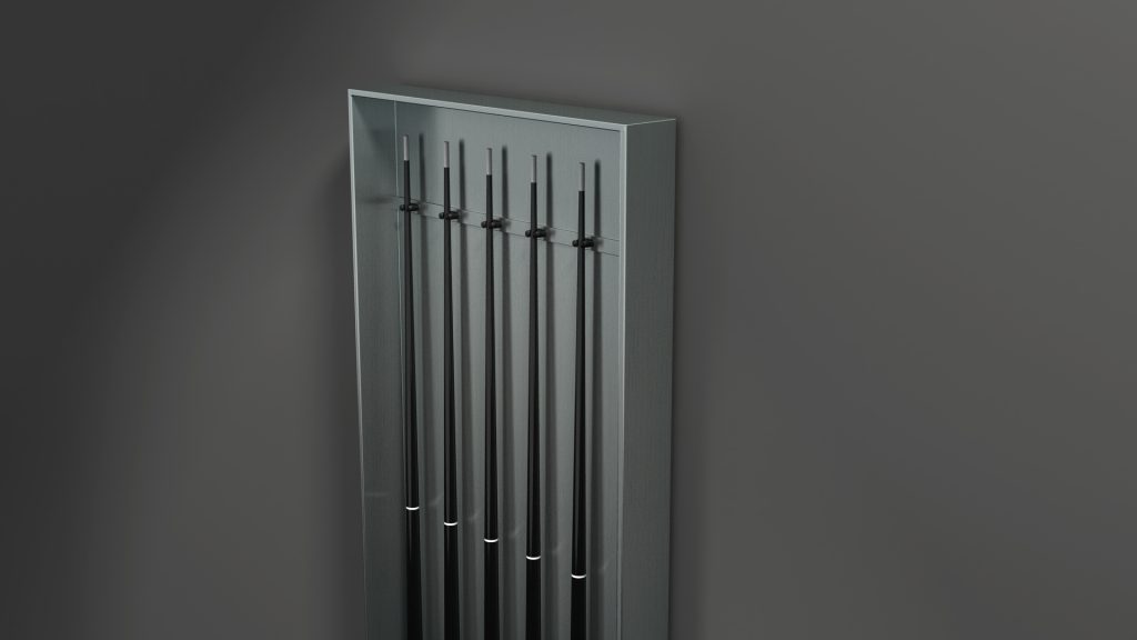 A sleek, modern radiator with vertical black bars against a dark gray wall exudes luxury and minimalist elegance akin to a Titan Cue Rack.