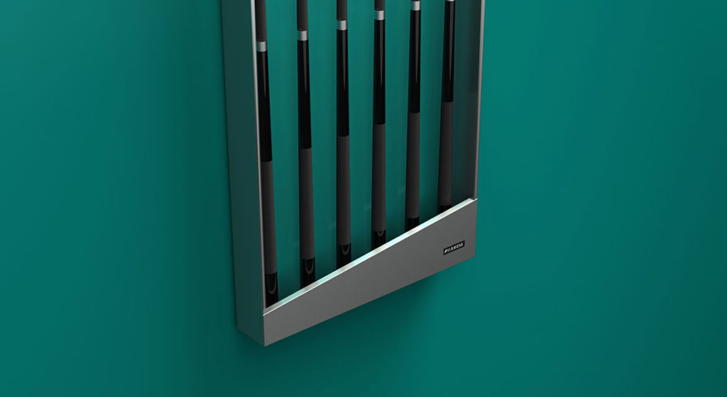 The Titan Cue Rack, a wall-mounted rectangular metal holder, elegantly displays five black and silver cue sticks against a turquoise wall, epitomizing sophistication.