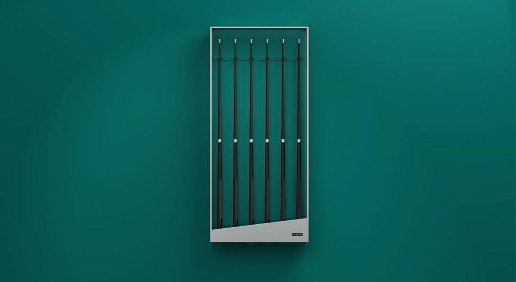 This minimalist, wall-mounted coat rack features six vertical black rods on a teal background. These rods, secured by a sleek rectangular frame with a discreet logo at the bottom right, echo the elegance of a high-end Titan Cue Rack.
