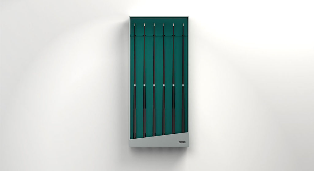 The wall-mounted Titan Cue Rack boasts a sleek, modern design with five dark lines on a teal background, all enclosed in a light gray frame. Its minimalist look makes it resemble an art piece or contemporary fixture.