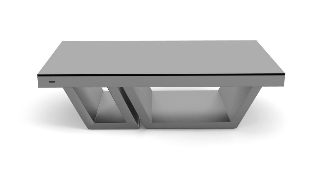 The Titan Convertible Pool/Dining/Ping Pong Table is a luxury piece featuring a modern rectangular metal design with a sleek tabletop on an angular base, offering open space below to enhance its metallic elegance.