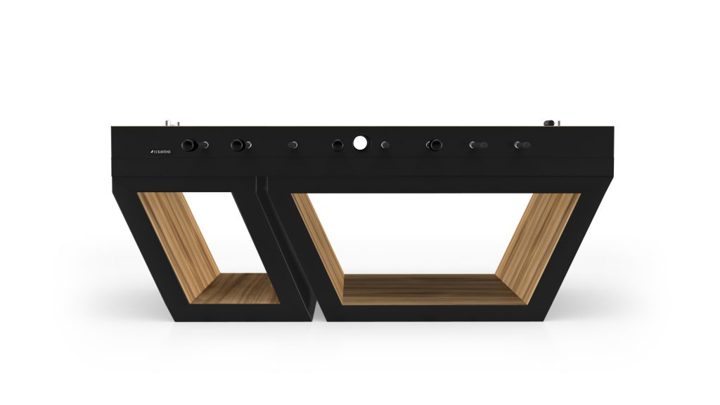 A luxurious, modern audio system with geometric elegance features two parallel, angled wooden frames reflecting the refined style of the Titan Foosball Table. A black control panel with multiple knobs enhances its sleek, minimalist design.