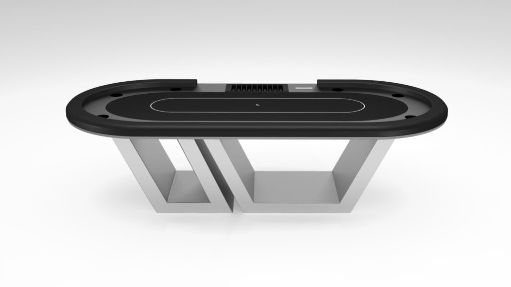 The Titan Oval Poker Table is a sleek, modern black oval table featuring built-in card slots and cup holders, supported by two angular silver legs.