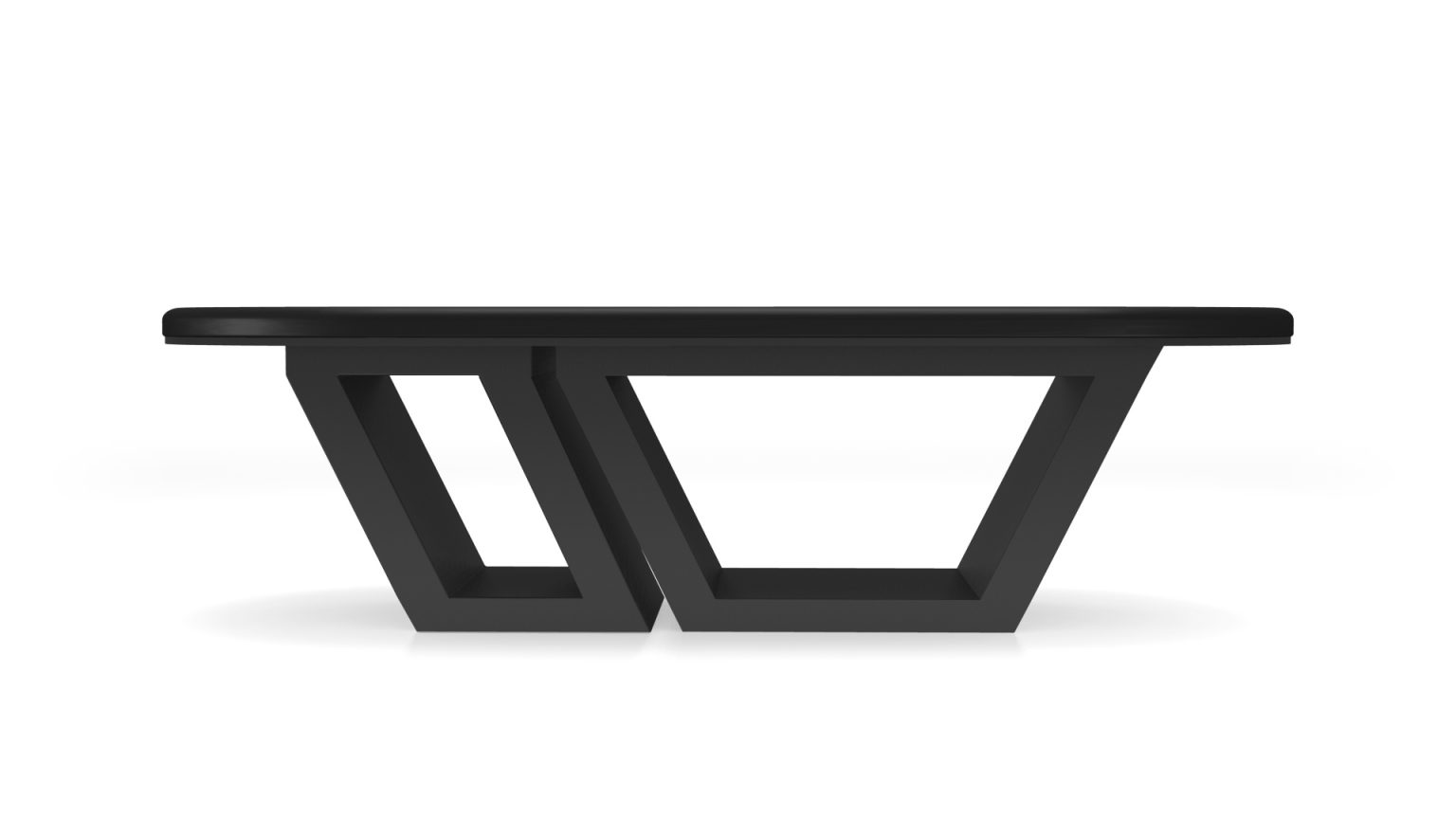 A modern black table with an elegant oval top and two V-shaped legs, inspired by the Titan Oval Poker Tables design, set against a crisp white background.