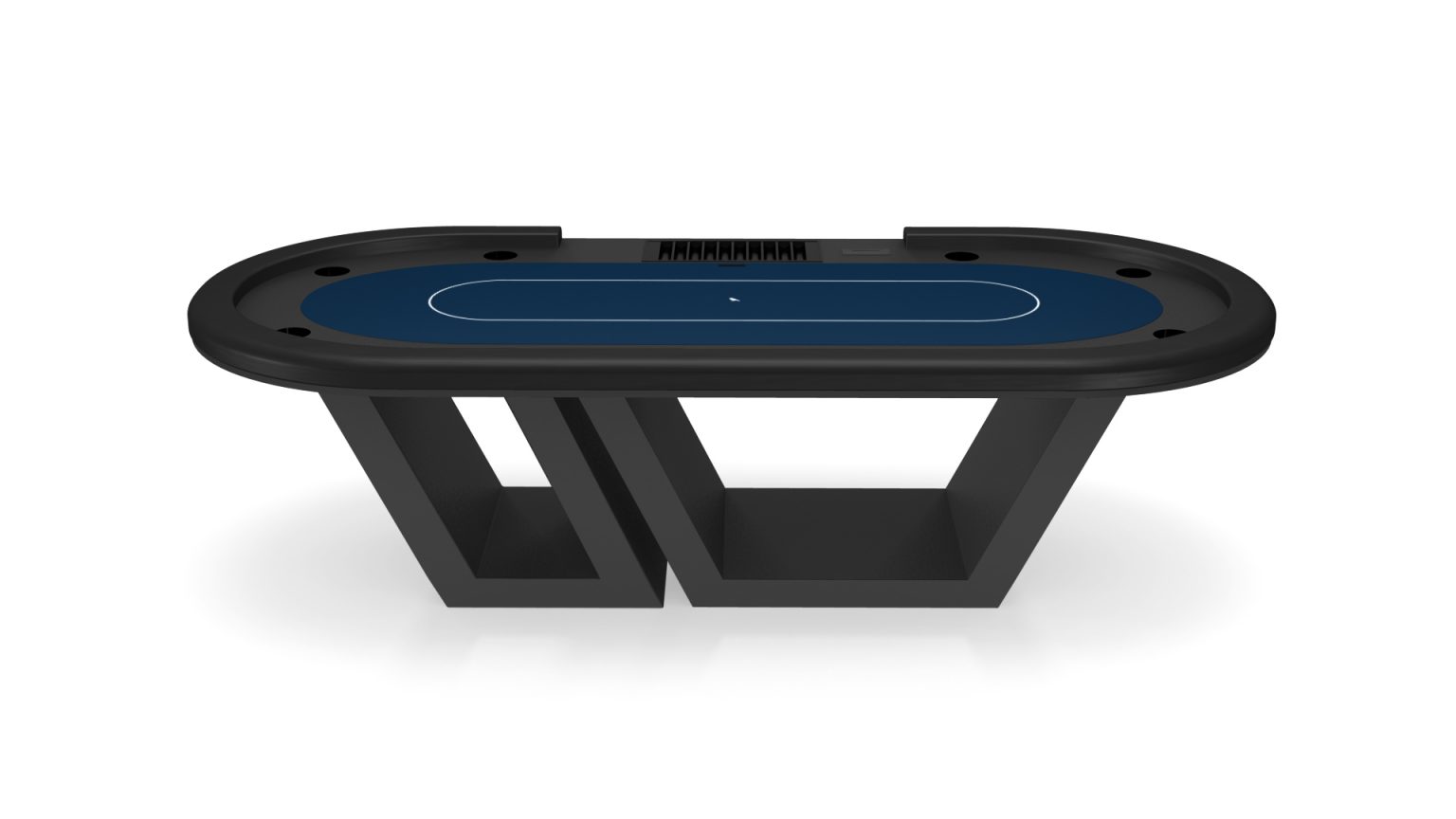 Presenting the Titan Oval Poker Table: a sleek, modern piece with blue felt and black legs, ideal for contemporary settings. With integrated chip holders and a streamlined design, it enhances your gaming experience with sophistication.