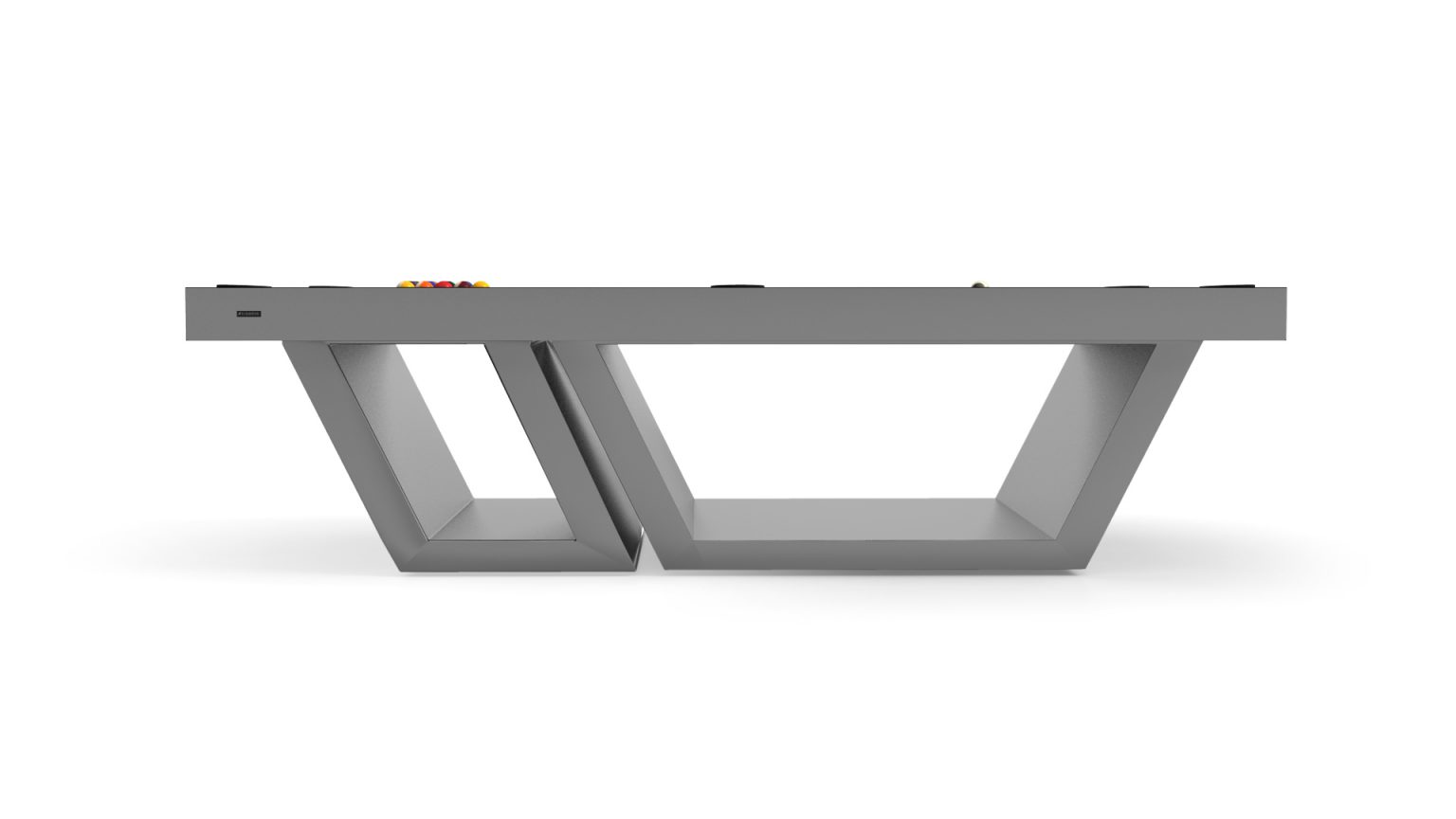Side view of a sleek, modern ping pong table with a gray geometric base resembling the Titan Pool Table, featuring clean lines and minimalistic design. The net, paddles, and balls rest harmoniously on top.