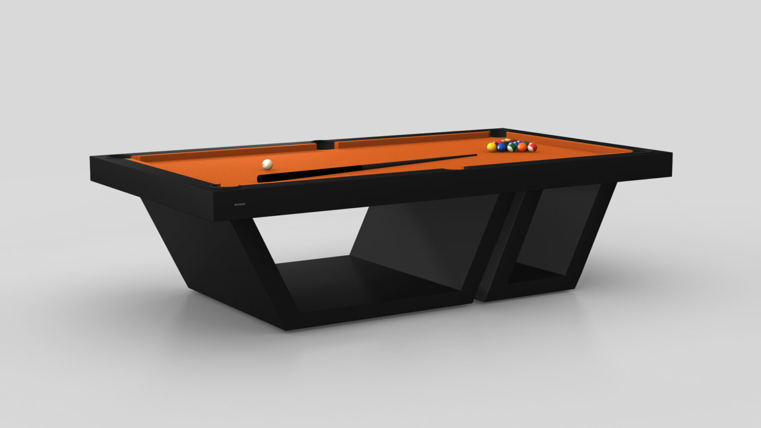 The Titan Pool Table showcases a luxurious design with an orange felt surface and sleek black angular frame. Pool balls are artfully arranged near the corner pocket, highlighting its elegance against a plain light gray background.