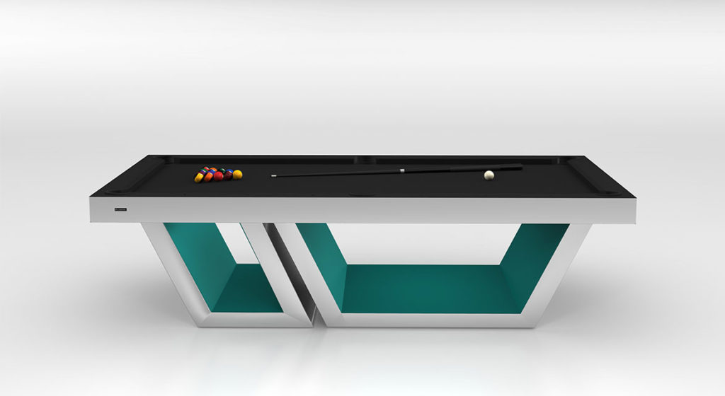 The Titan Pool Table features teal and white geometric legs with a sleek black playing surface. Pool balls and a cue stick are arranged elegantly on a plain white backdrop, adding to its sophisticated design.