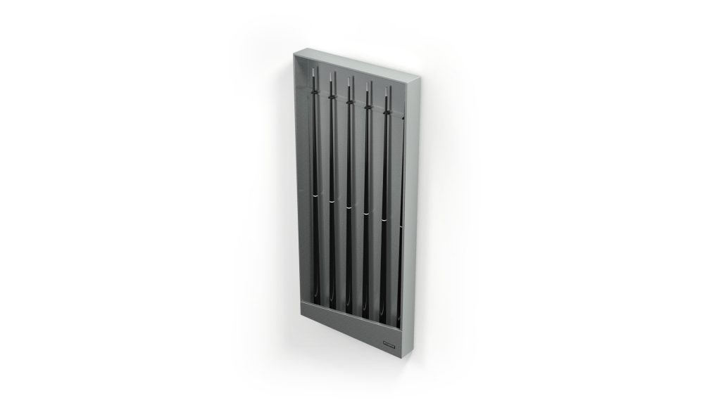 A modern, wall-mounted coat rack with a minimalist design reminiscent of the Titan Cue Rack, featuring vertical metal slats for hanging items against a light background.