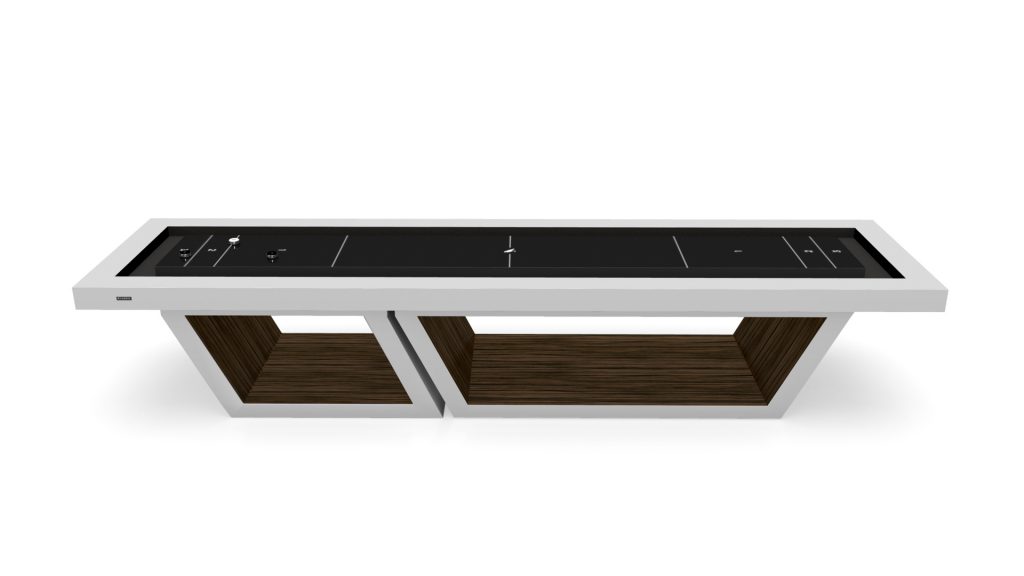 Inspired by the Titan Shuffleboard Table, this modern console table features a sleek white frame and black glass top, complemented by two geometric dark brown wooden bases for an open and airy design.
