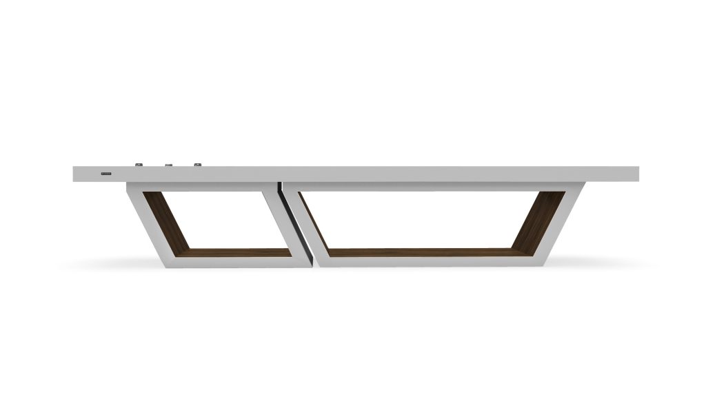 A modern, minimalist desk with a flat white surface and geometric, angled legs in white and wood. Similar to the Titan Shuffleboard Table, the triangular-shaped legs give it a unique and contemporary look.