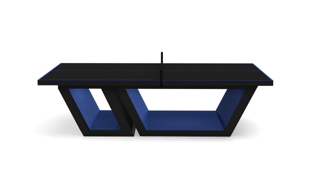 The Titan Ping Pong Table is a modern masterpiece with a sleek design featuring open geometric legs and a contrasting blue interior.