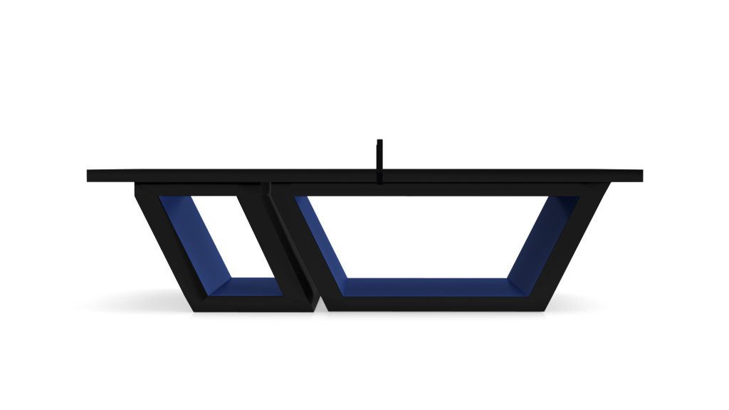 The Titan Ping Pong Table is a modern, geometric black table with angled legs forming trapezoidal shapes and blue interiors, featuring a sleek rectangular tabletop that blends contemporary design and functionality.