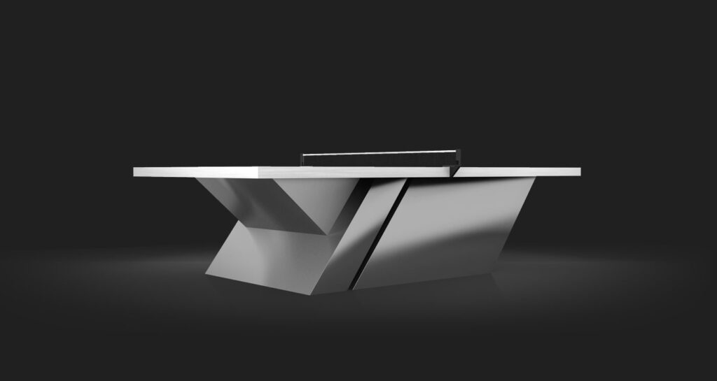 A modern desk inspired by the Titan Ping Pong Table, featuring a geometric angular base, flat rectangular top, and a central dark accent, set against a plain dark background.