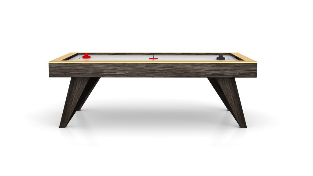 The Trigon Air Hockey Table exudes modern elegance with its sleek wood finish, angled legs, and white playing surface. It includes red and black strikers with a red puck, captured front view against a plain white background—ideal for refined gaming.