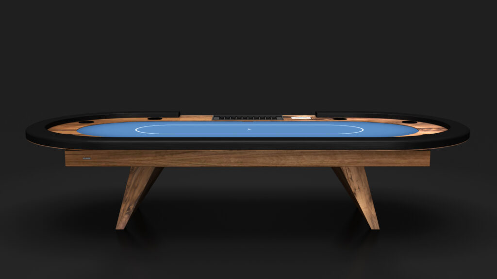 The Trigon Oval Poker Table boasts a blue felt surface, black padded rail, wood trim, and sturdy angled wooden legs, all shown against a dark background for a sleek, modern appearance.